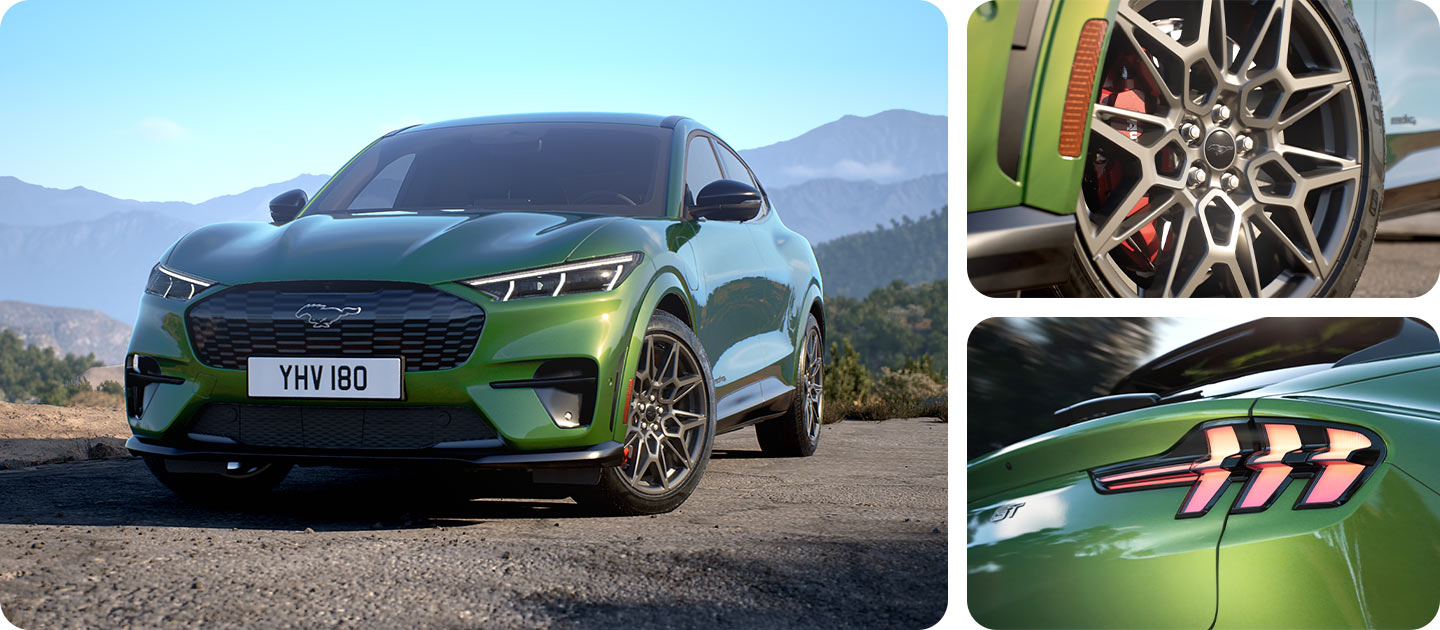 Fotos do Mustang Mach-E com grande plano da grelha em favos de mel do GT, jantes de liga leve de 20" e luzes LED traseiras.