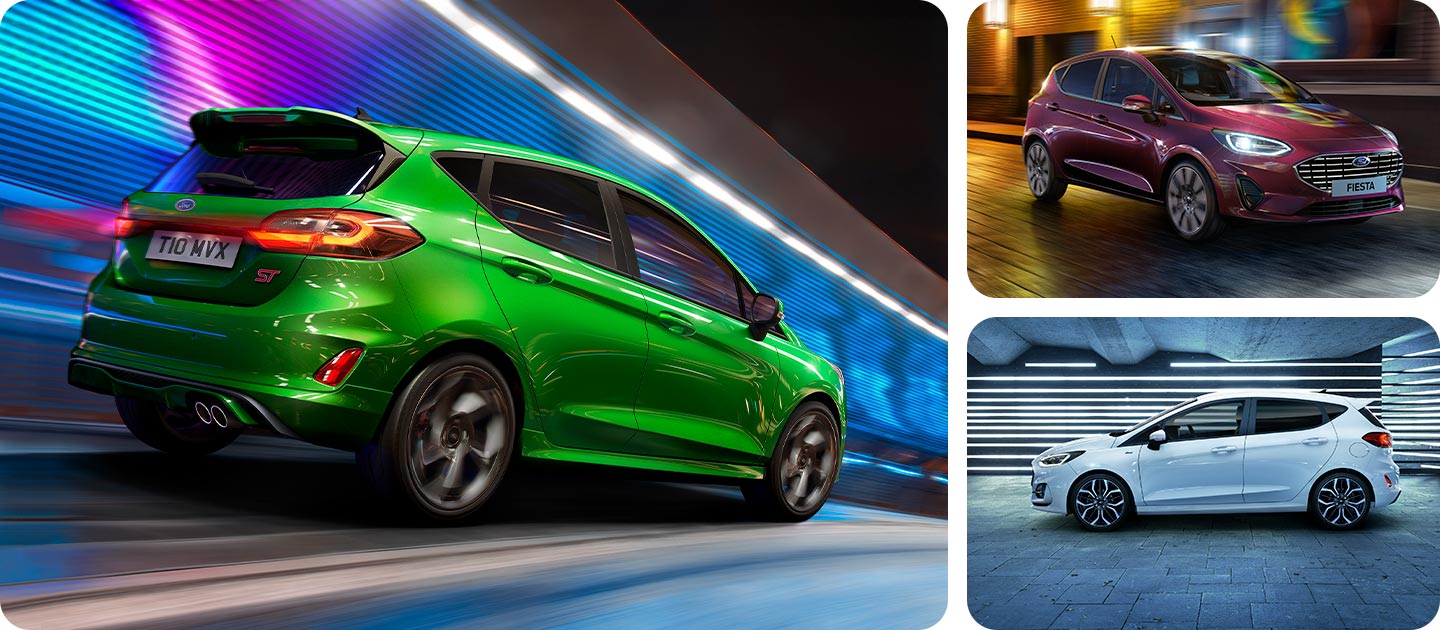 Grelha fotográfica com um Ford Fiesta ST-Line verde, um Fiesta Active prateado e um Fiesta Titanium vermelho.