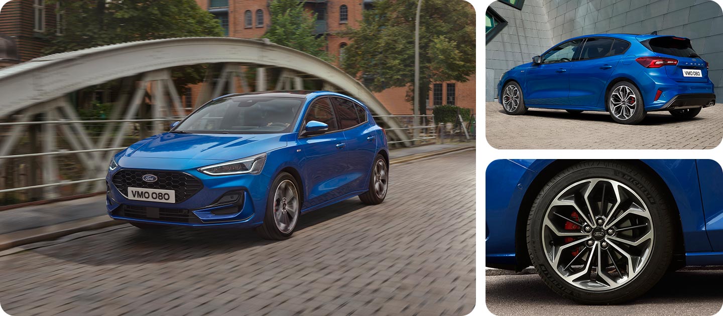Grade de fotos mostrando um Ford Focus 5 portas azul dirigindo em uma estrada e um close-up da roda de liga leve.