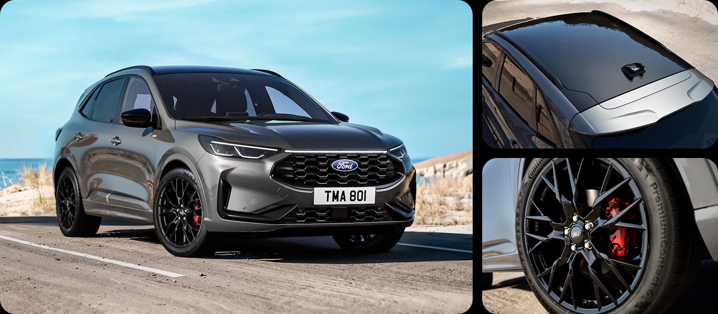 Veículo cinzento com Black Package do Ford Kuga, grande plano das jantes de liga leve de 20" e detalhes exteriores em preto.