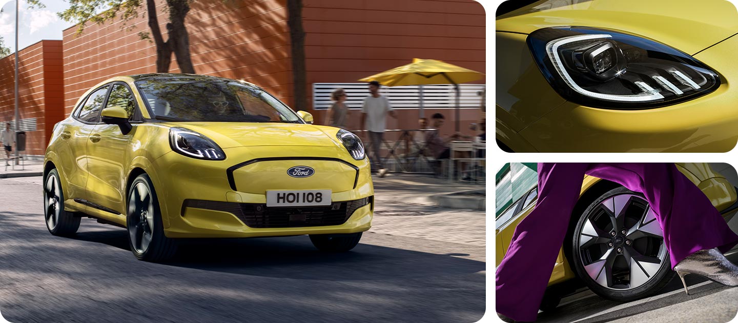 Grelha fotográfica que mostra o Ford Puma Gen-E® amarelo, com grandes planos dos faróis dianteiros e das elegantes jantes de liga leve.