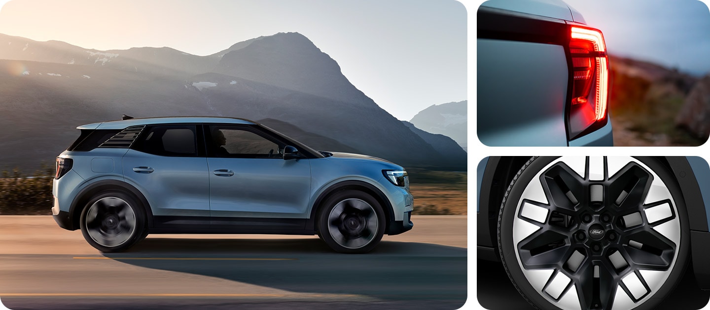 Uma grelha fotográfica que mostra um Ford Explorer azul a conduzir numa estrada de montanha, com um grande plano das luzes traseiras e das jantes de liga leve.