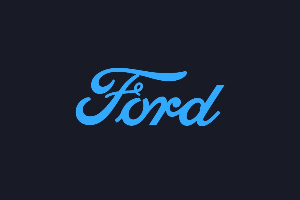 Logotipo da Ford em azul sobre fundo escuro.